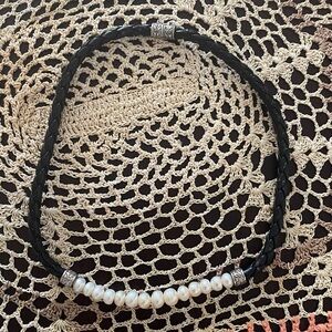 Elegant Honora Genuine Pearls Black Braided Choker Necklace with magnetic clasp.